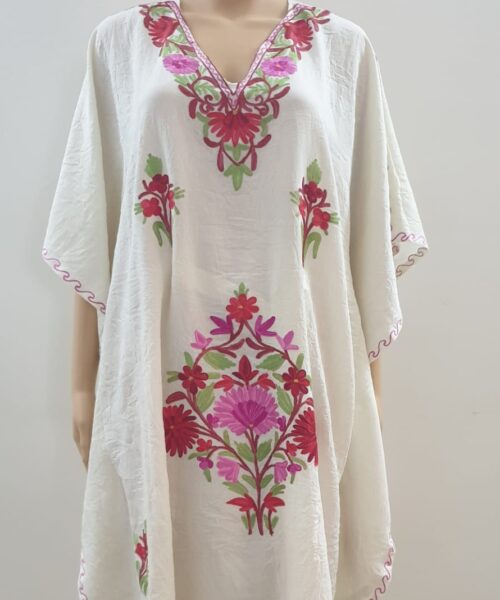 Flower Embroidered White Kaftan