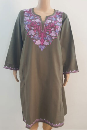 Greyish Brown Pheran With Chinar Patta Aari Embroidery