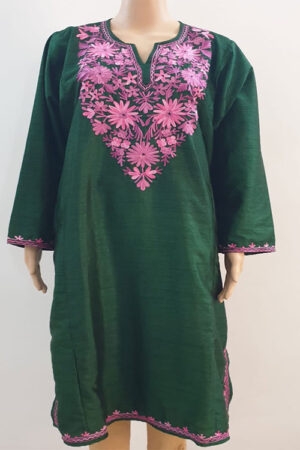 Dark Green Raw Silk Aari Work Pheran