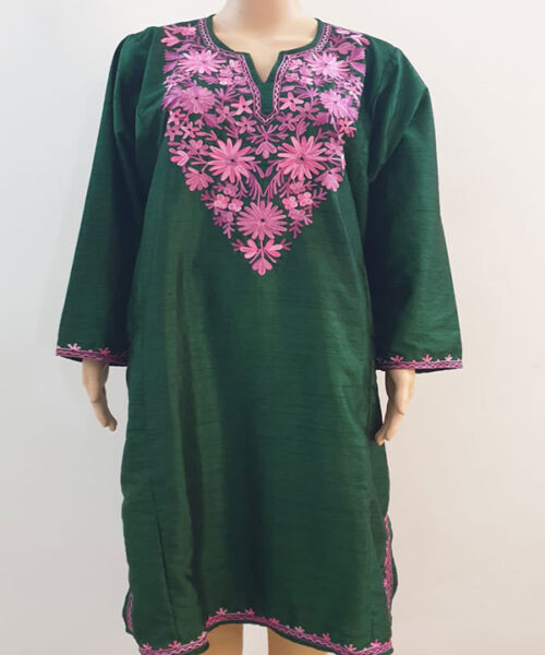 Dark Green Raw Silk Aari Work Pheran