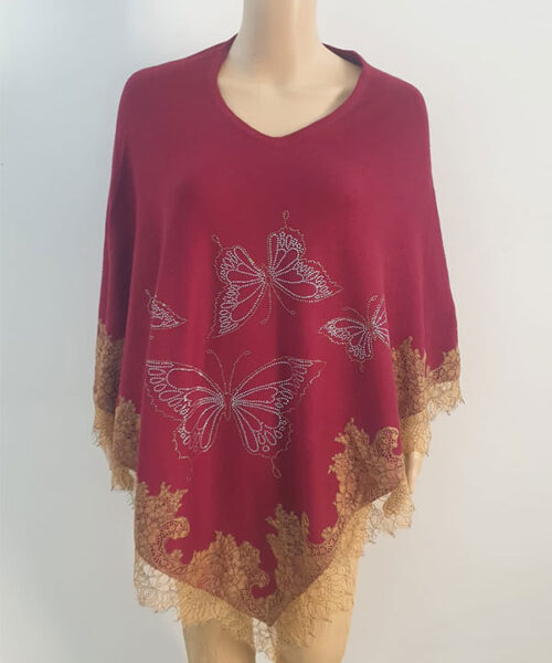 Knitted Poncho with Lace and Swarovski Work