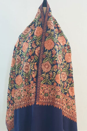 Blue Stole With Flower Aari Embroidery