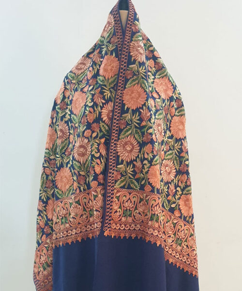 Blue Stole With Flower Aari Embroidery