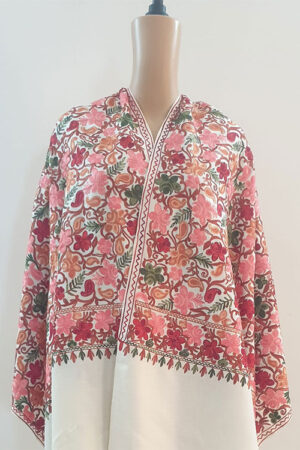 White Stole With Pink Flower Embroidery