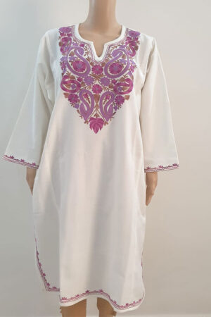 White Pheran With Mauve Pink Aari Embroidery