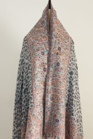 Grey Kani Shawl With Beautiful Flower Border