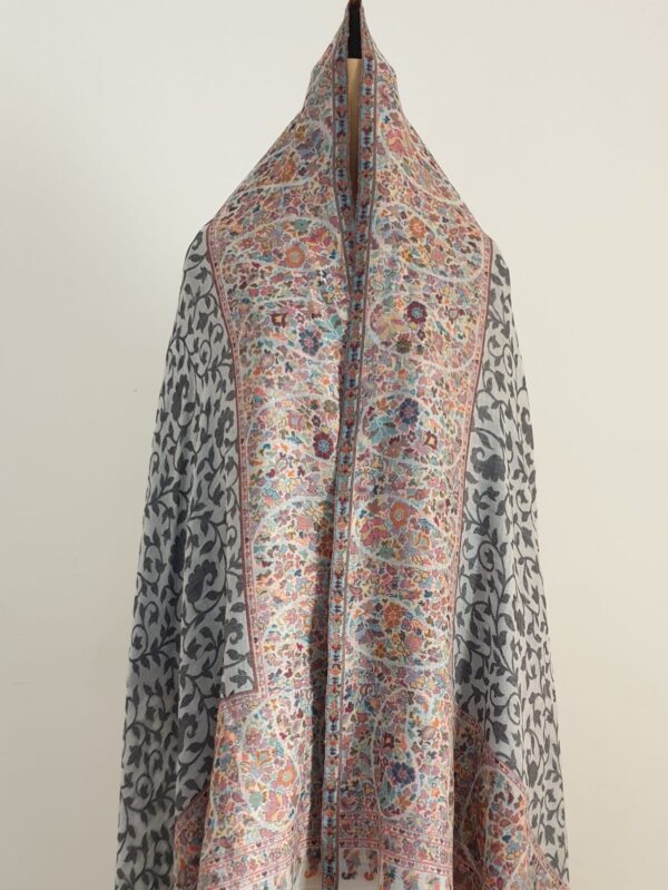 Grey Kani Shawl With Beautiful Flower Border
