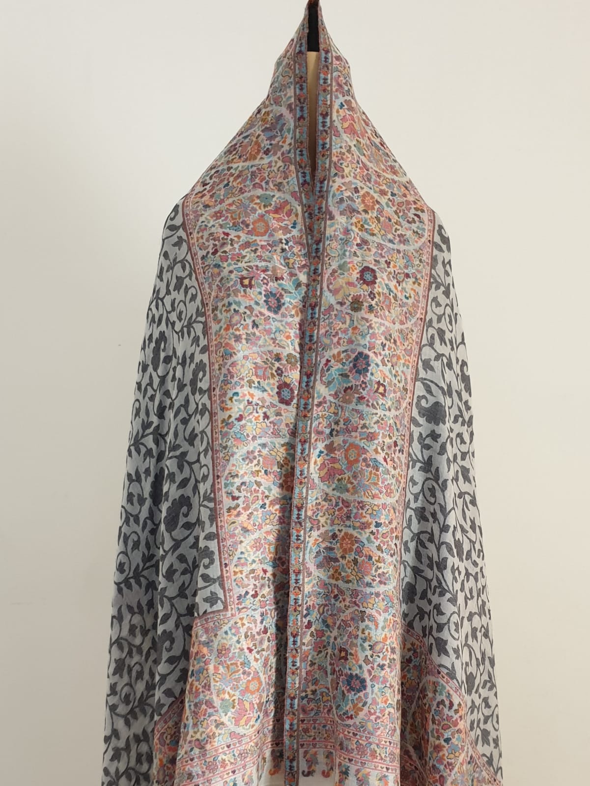 Grey Kani Shawl With Beautiful Flower Border