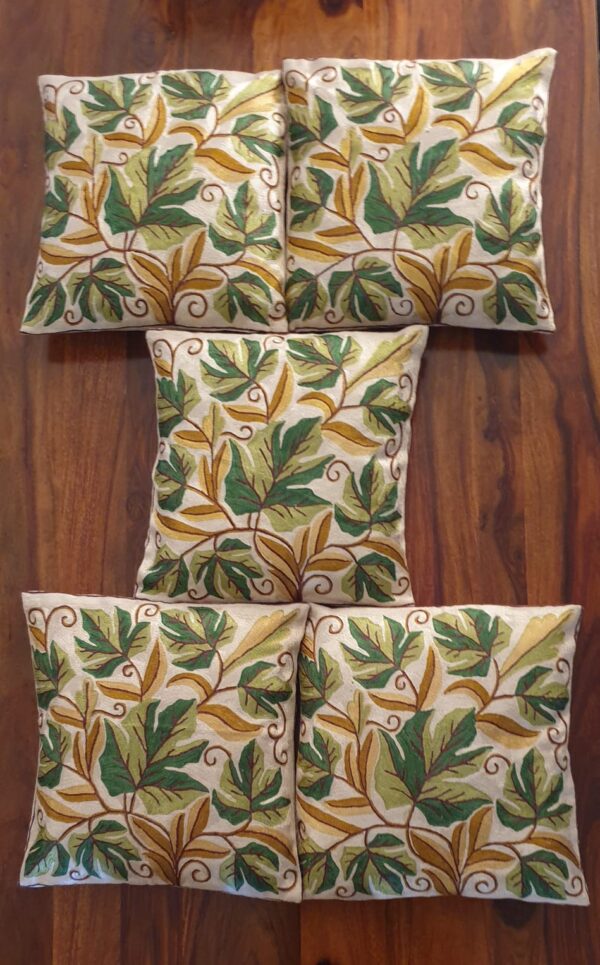 Green Chinar Leaf Design White Cushion Covers(Set of 5) - Image 2