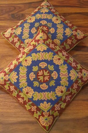 Blue And Red Hand Embroidered Cushion Covers (Set of 2)