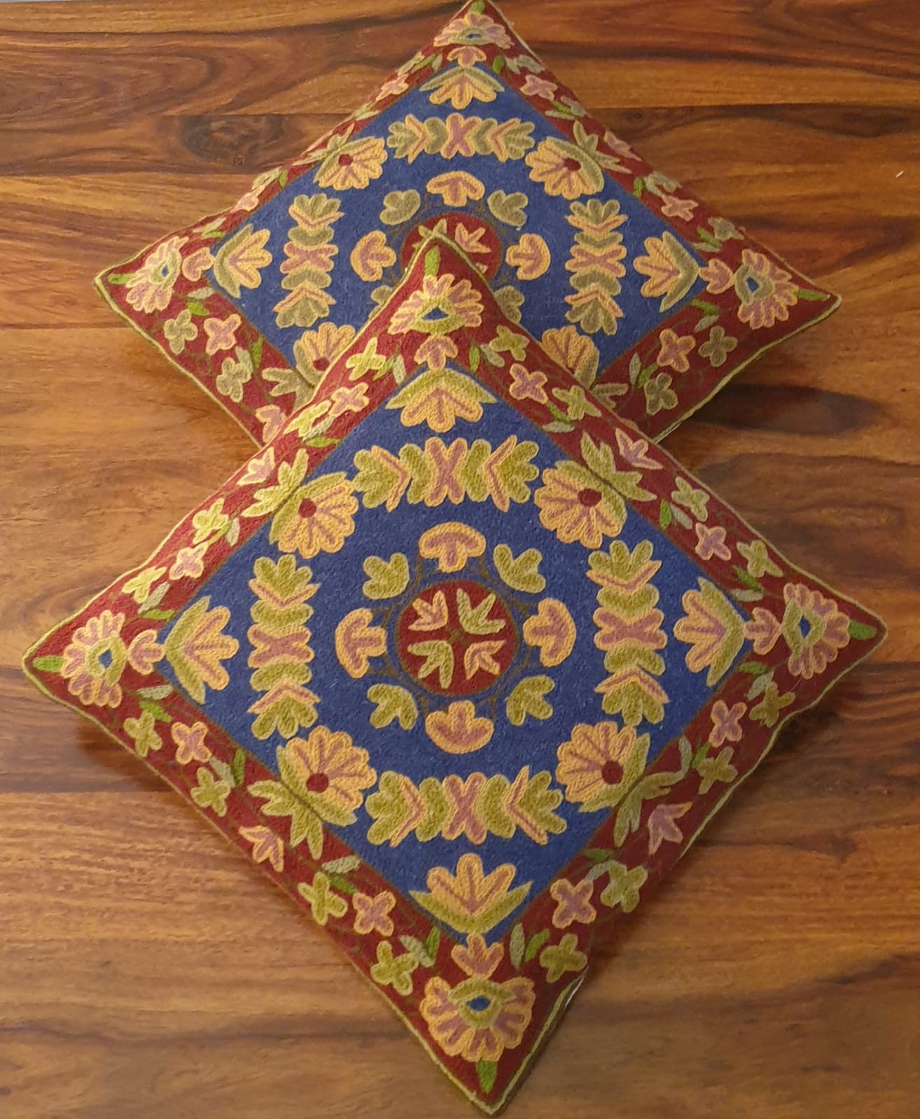 Blue And Red Hand Embroidered Cushion Covers (Set of 2)