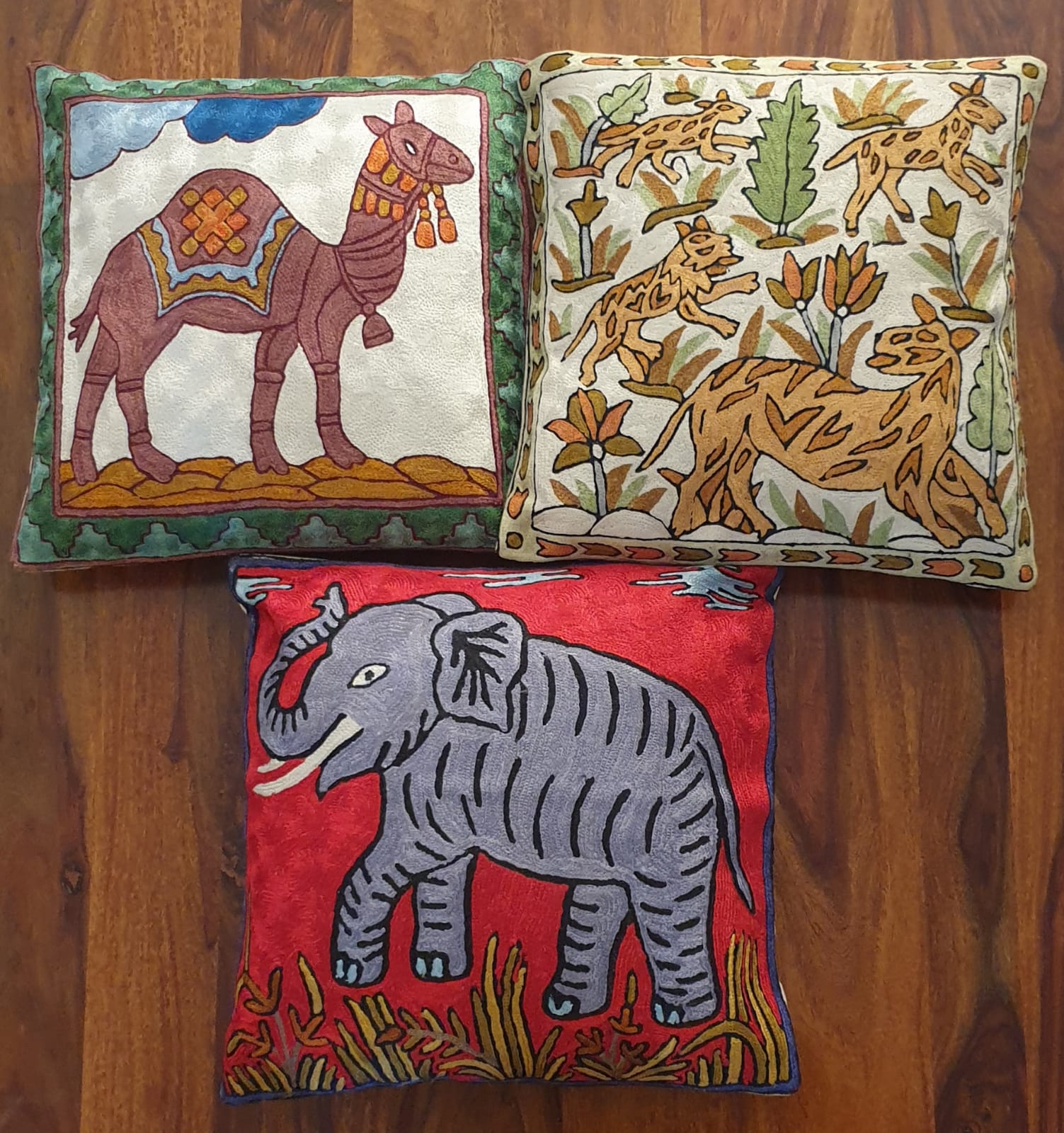 Jungle Themed Hand Embroidered Cushion Covers(Set of 3)