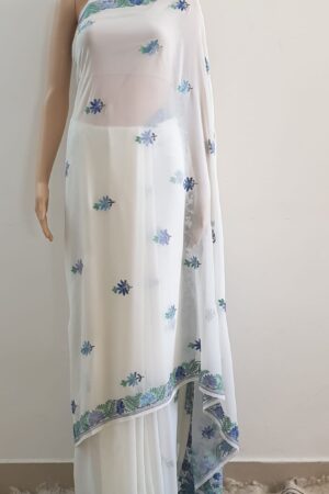 White Saree With Flower Aari Embroidery