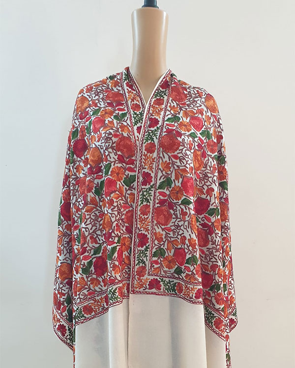 White Stole With Grape Design Aari Embroidery