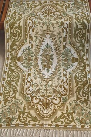Cream And Green Handmade Chainstitch Rug