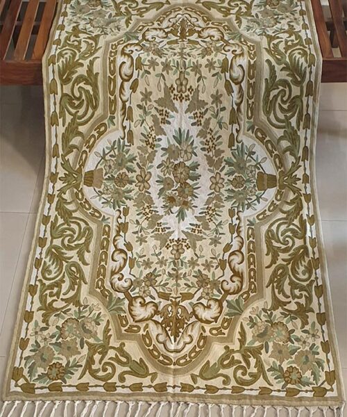 Cream And Green Handmade Chainstitch Rug