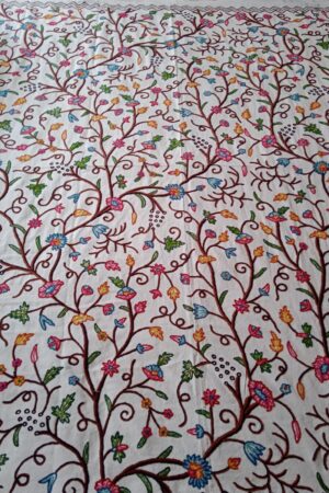 White Bedspread With Hand Crewel Vine Embroidery