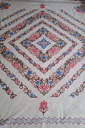 Hand Crewel Embroidered White Bedspread