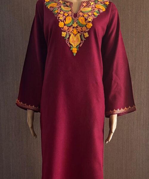 Maroon Flower Aari Work Pheran