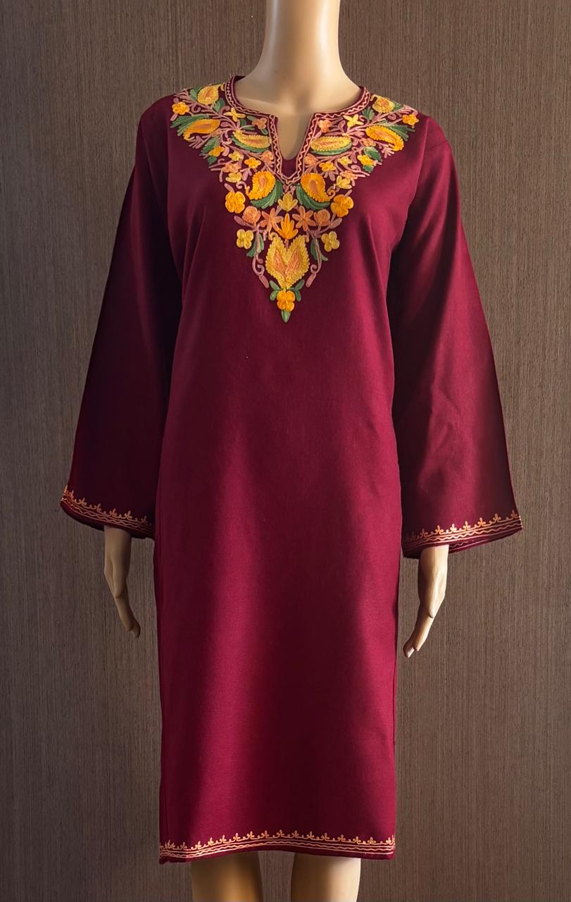 Maroon Flower Aari Work Pheran