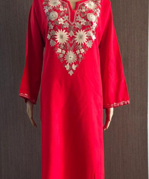 Red Pheran with Flower Aari Embroidery