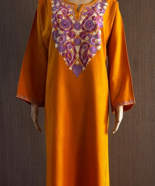 Mustard Aari Work Pheran with Leaf Design