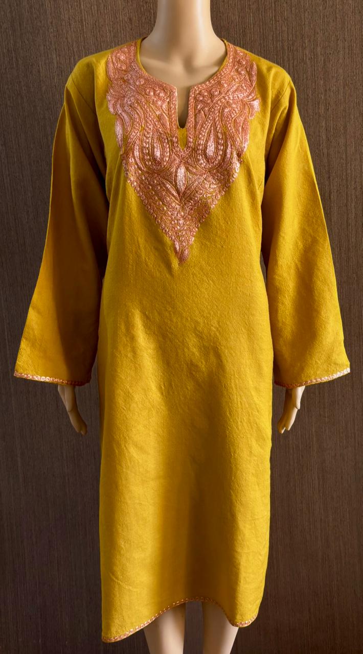 Tilla Work Mustard Woollen Pheran