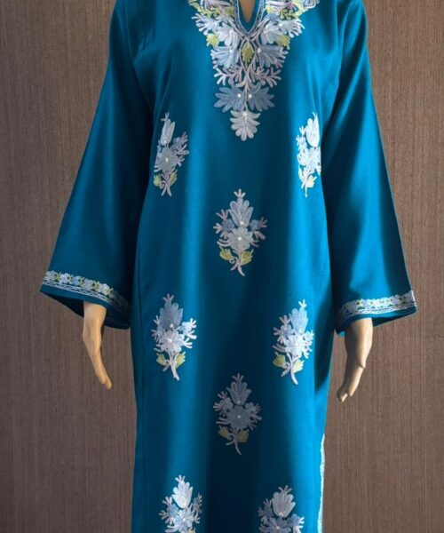 Aquamarine Blue Pheran with Flower Embroidery