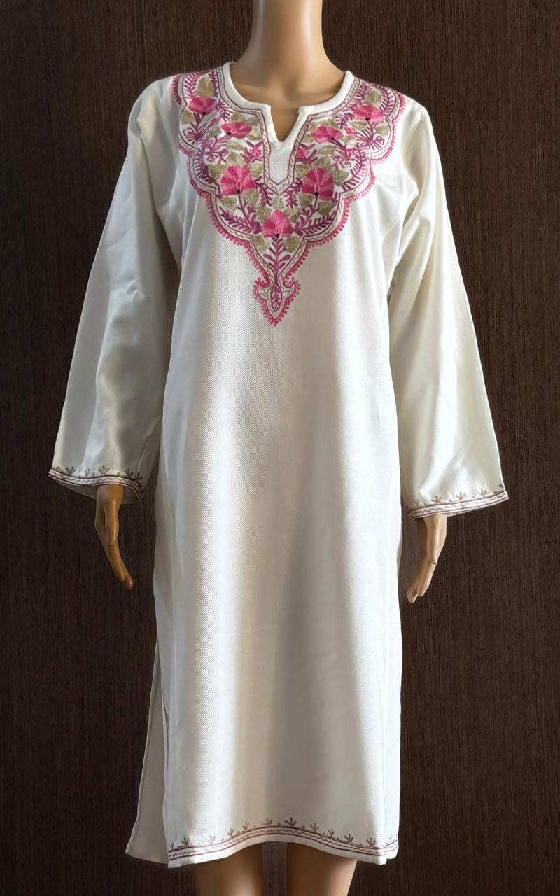 White Pheran with Pink Aari Embroidery