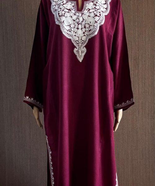 Maroon Pheran with White Aari Embroidery